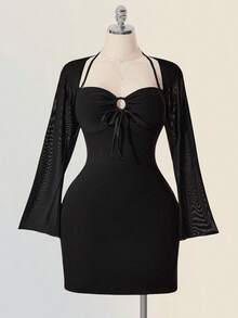 SHEIN ICON Gaun Pesta Malam Musim Gugur Hitam Ukuran Plus Wanita, Model Retro Slim Fit dengan Lengan Mengembang dari Jala, Leher Halter, Bagian Dada Berlubang dengan Tali Serut, Cocok untuk Hari Valentine. - Hitam - View 7