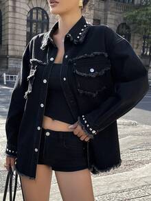 DAZY Women's Rivet Decor Long Sleeve Single-Breasted Frayed Hem Casual Denim Jacket Y2k - Black - View 9