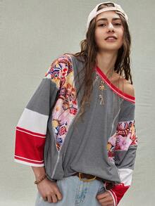 SoleilVie 女士条纹拼接花卉印花七分袖卫衣长袖上衣嬉皮风上衣70年代风格上衣牛仔上衣春夏夏季夏季假期女士情人节狂欢节服装女士狂欢节服装沙滩装女士休闲女士图案T恤女士红色上衣女士休闲音乐节，采用复古拼接元素，是休闲购物的完美之选 - 彩色 - 查看 5