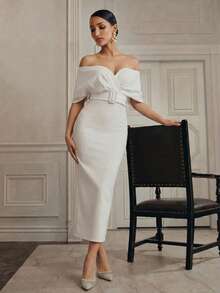 Anewsta فستان ضيق مناسب للخصر بياقة على الكتف وياقة على شكل حرف V للنساء - أبيض - مشاهدة 4