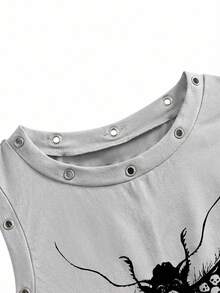 Y2Kool Robin 女士时尚街头休闲印花无袖上衣，饰有金属孔眼，夏季按扣上衣，印花上衣，运动上衣，派对上衣，灰色印花背心，金属孔眼上衣，搭配建议，时尚服装系列，新年装扮，辣妹棉质 - 彩色 - 查看 4