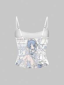 ROMWE Anime 夏季休闲动漫少女卡通印花吊带背心 - 白色 - 查看 2