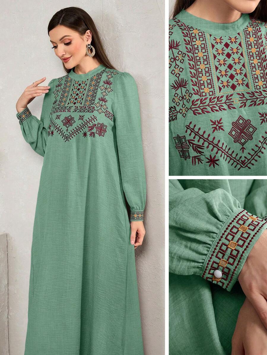 Al Najma 一件刺绣阿拉伯风格休闲连衣裙，简约时尚，适合日常穿着，波西米亚风长款阿拉伯长裙，休闲日常穿着。 - 綠色 - 查看 1