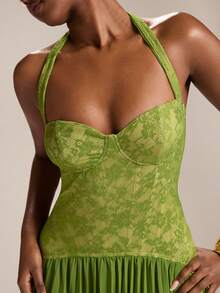 SHEIN BAE Đầm chiffon họa tiết ren hoa màu xanh lá cây dành cho nữ, kiểu dáng thanh lịch cho mùa xuân/hè. - màu xanh lá - Xem 6