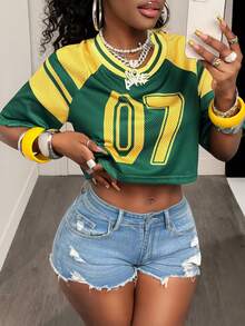 BamGleam V-Neck Colorblock Graphic Print Casual Short Sleeve T-Shirt - Green - View 4