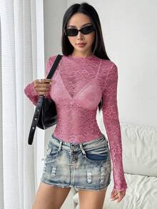 EgrlEra Áo cánh ren co giãn họa tiết hoa mẫu đơn gợi cảm cho nữ (Cắt ngẫu nhiên) - Hồng - Xem 6