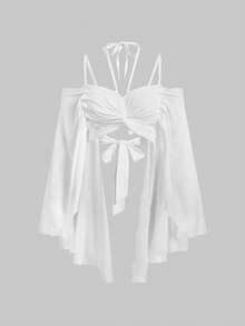 ROMWE Y2K Vacation Beach Goth Butterfly Patchwork Flare Sleeve Cropped Top - White - View 1