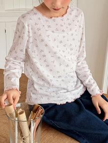 DAZY Tween Girl Ditsy Floral Lettuce Trim Round Neck Long Sleeve T-Shirt - White - View 2