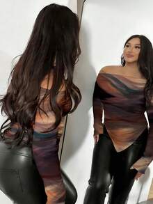 Firerie Áo tay dài cổ lệch bất đối xứng nhuộm màu tie-dye giản dị, thanh lịch và lãng mạn - Một chiếc áo sang trọng và cổ điển dành cho phụ nữ cỡ lớn, hoàn hảo cho các buổi hẹn hò, ngày Valentine, hộp đêm, đám cưới và tiệc cocktail. - Nhiều màu - Xem 5