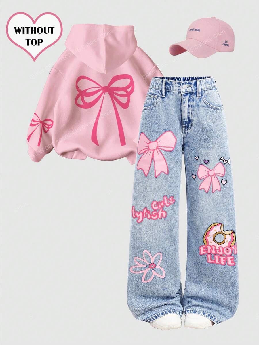 Girlism Girls' Bow & Donut Print Loose Fit Blue Denim Pants - Light Wash - View 1