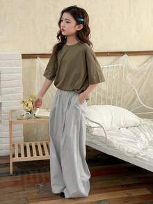 DAZY Tween Girl Solid Color Round Neck Drop Shoulder T-Shirt And Striped Pants Pajama Set - Army Green - View 4