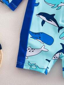 2pcs Baby Boy Swimsuit Set,Whale Cartoon Long-Sleeved Rash Guard With Hat,UPF Sun Protection,Cute Summer Holiday Beach Wear,Aqua Blue Kids Swimwear - Blue - View 6