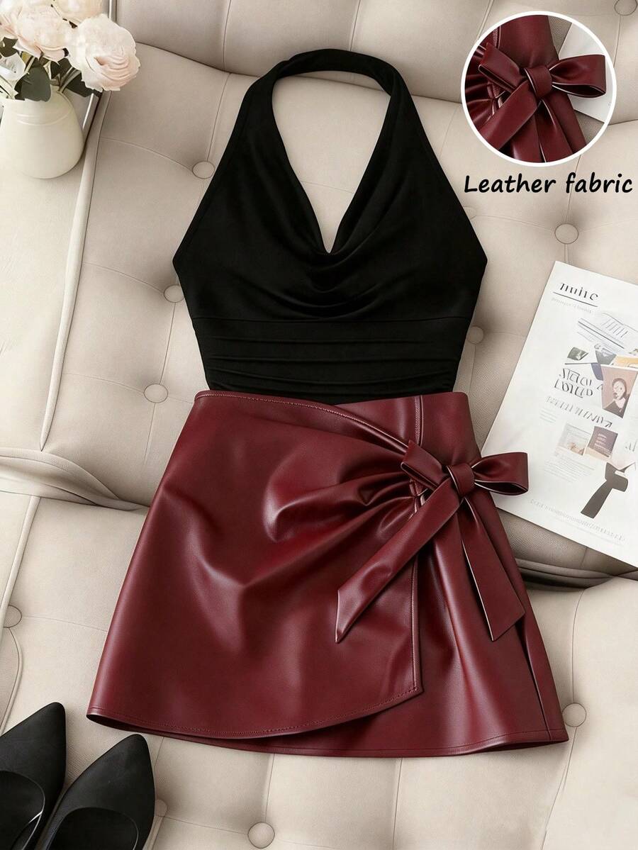 Franclia 夏季新款针织性感露脐吊带上衣 + 独特系带紧身迷你裙套装 - 彩色 - 查看 1