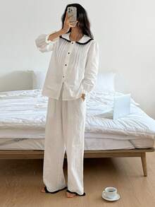 DAZY 白色优雅撞色褶皱彼得潘领女士睡衣套装 - 白色 - 查看 5