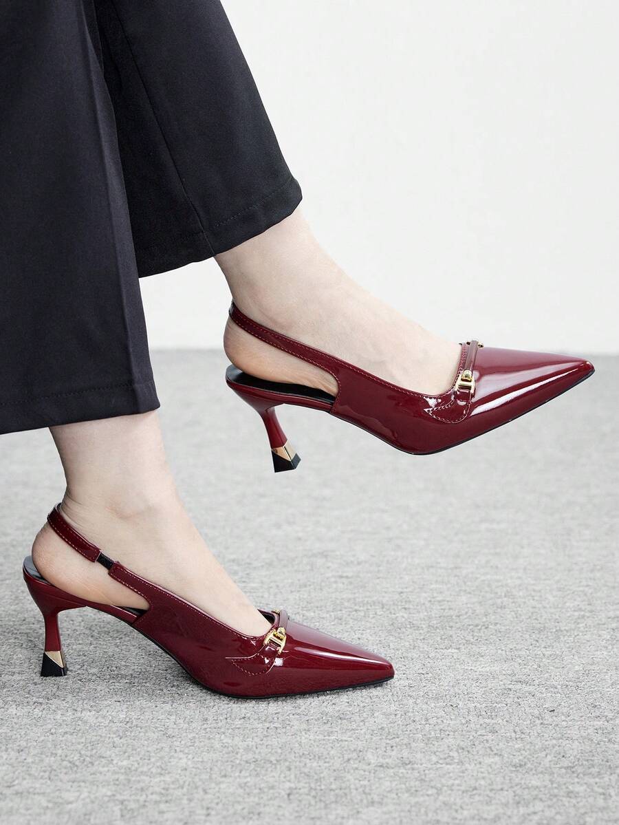 CUCCOO BIZCHIC 女士套脚高跟鞋,时尚漆皮舒适闭趾高跟鞋 - 酒紅色 - 查看 1