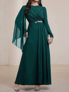 Graceveil Đầm lưới xếp ly cổ tròn tay dài màu trơn thanh lịch cho nữ - màu xanh lá - Xem 3