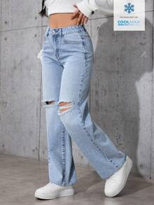 SHEIN PETITE 女士休闲百搭日常穿搭口袋纽扣做旧阔腿牛仔裤 - 淺色水洗藍 - 查看 4