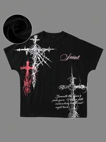 ROMWE MEN Goth Men's Round Neck Letter & Cross Print Casual Versatile Daily Wear Short Sleeve T-Shirt - Black - View 2