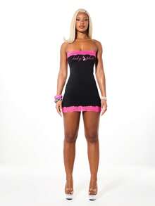 BABYPHAT 无肩带蕾丝边迷你连衣裙，修身针织面料，抹胸款式，适合晚宴、派对、夜店等场合，情人节特惠 - 黑色 - 查看 3