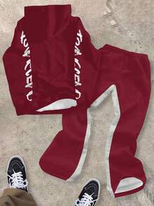 2 件男童图案连帽衫和运动裤套装 - “超越极限 32”大胆老鹰街头服饰 | 青少年秋冬励志服装，休闲宽松圆领长袖和裤子套装，适合秋冬季 - 彩色 - 查看 2