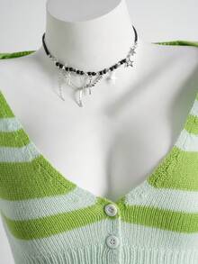 Elamini Women's Casual Striped Patchwork Button Front Knit Top, Summer - Green - View 3