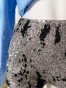 SHEIN Unity Women's Silver Sequin Summer Shorts,Seductive Night Out Gray & Black Velvet Elastic Waist Shiny Chic Elegant Party Urban Commute Workplace Office - Dark Grey - View 6