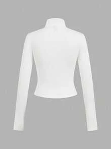 SHEIN EZwear 大码立领长袖修身拉链休闲T恤 - 黑與白 - 查看 8
