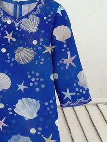 SHEIN DRMZ 女童火烈鸟印花长袖连衣裙，度假风；秋季女童粉色花卉阿拉伯长袍，优雅花卉领，休闲简约传统长袖阿拉伯连衣裙，适合春夏穿着；优雅端庄的长袖连衣裙，祈祷长袍，舒适休闲，度假风；端庄的卡夫坦长袍；儿童阿拉伯长袍；女童巴基斯坦传统长袍 - 彩色 - 查看 6