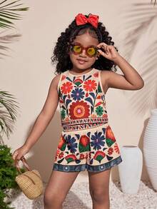 2pcs/Set Young Girls Tropical Floral Print Loose Vest And Shorts Set, Casual Vacation Beach Outfit, Summer New Arrival - Burnt Orange - View 4