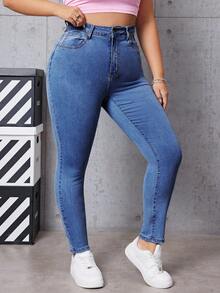 SHEIN EZwear Plus Size Plain Simple Everyday Jeans - Blue - View 6