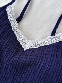 SHEIN Teen Girl Summer Navy Blue Knit Texture Contrast Lace Camisole, Suitable For Layering Or Wearing Alone - Blue - View 4