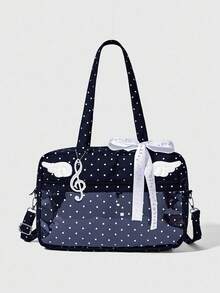 ROMWE Anime 可爱波尔卡圆点翅膀手提包单肩斜挎包，Y2K 百搭通勤托特包大容量 + 音符背带 - 黑色 - 查看 1