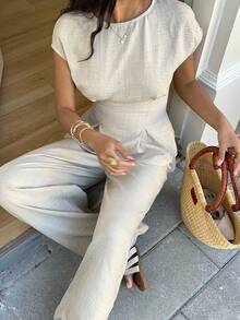 SHEIN EZwear 女士休闲、度假、日常通勤简约纯色褶裥腰部短袖上衣和阔腿裤套装，春夏秋季 - 卡其色 - 查看 9