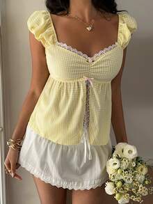 Sunnyshic Women's Casual Vacation Shirt With Gathered Bust, Plaid Pattern, And Side Slit Hem - Yellow - View 3