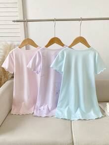 3pcs Girls Cute Cartoon Animal Print Short Sleeve Mid-Length Nightgown Pajamas, Spring/Summer - Multicolor - View 2
