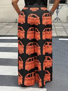 Maweii Plus Size Summer Casual Vacation Car Print Loose Wide Leg Pants - Multicolor - View 5