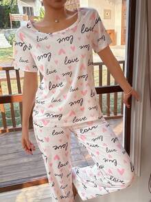SHEIN Simple Letter & Heart Print Knit Pajama Set, Girly Style - Multicolor - View 4