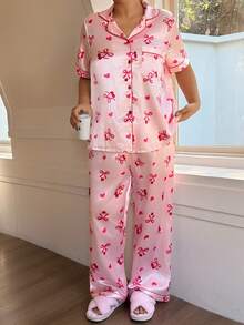 SHEIN Bộ đồ ngủ cardigan cổ bẻ in nơ và quả anh đào dành cho nữ cỡ lớn - Hồng - Xem 5