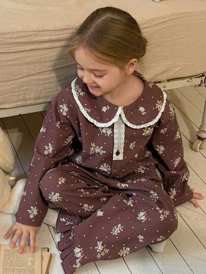 DAZY Young Girl Ditsy Floral Collar Long Sleeve Top And Pants Pajama Set