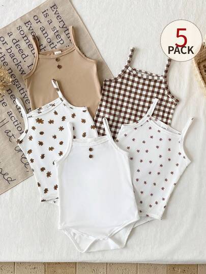 SHEIN 5件套女婴夏季碎花格子图案针织无袖连体衣