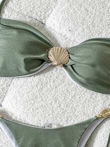 Swim Vcay Solid Color Spaghetti Strap Wireless Shell Decor Top And Side Tie Swim Bottoms Women Summer Bikini Set Set - Army Green - View 3