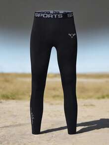 Manfinity Sport Corelite 1 Stück Herren Leggings mit Stier-Kopf- und Buchstaben-Muster, elastischer Bund - Schwarz - Übersicht 4