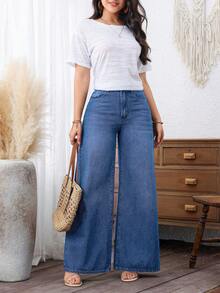 EMERY ROSE Plus Size Women Casual Distressed Wide Leg Jeans With Slant Pockets Baggy Jeans - Medium Wash - View 1