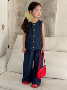 DAZY 女童夏季休闲条纹纽扣牛仔背心和牛仔裤套装 - 藍色 - 查看 5