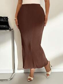 Auralis Plus Size Ladies Chocolate Brown Autumn Elegant Everyday Casual Slim Pleated Khaki Elastic Waist Long Skirt,Women Bottom,Vacation,Rave,Brunch,Airport - Brown - View 3