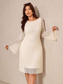Elaquor Plus Size Elegant Minimalist Solid Color Round Neck Textured Dress, Autumn Cream Mesh For Women Spring Outfit Fall - Beige - View 7