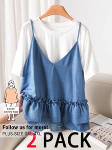 CosyJoli Plus Size Women Summer 2pcs Set,Blue And White Smart Casual School White T-Shirt And Multi-Layer Ruffle Hem Camisole,Loose Dropped Shoulder Tops - Blue and White - View 1