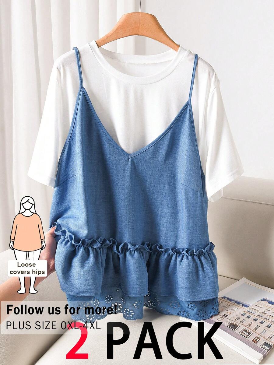 CosyJoli Plus Size Women Summer 2pcs Set,Blue And White Smart Casual School White T-Shirt And Multi-Layer Ruffle Hem Camisole,Loose Dropped Shoulder Tops - Blue and White - View 1