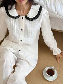 DAZY 白色优雅撞色褶皱彼得潘领女士睡衣套装 - 白色 - 查看 8