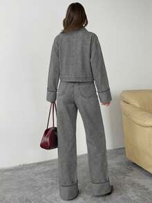 EURMUSE Dark Washed Denim Cropped Jacket And Straight Fit Jean Set - Light Grey - View 2